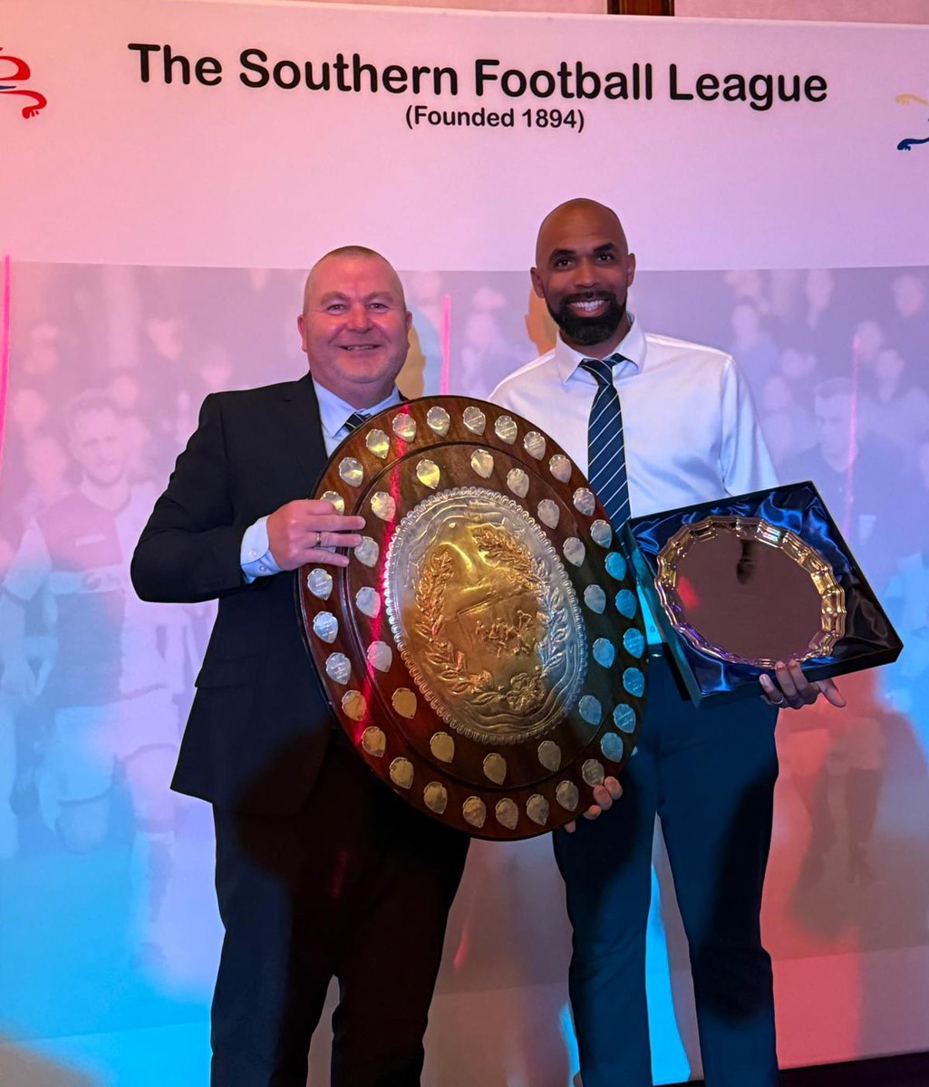 Yate Town manager Darren Mullings and assistant manager Paul Tovey were presented with the Southern League Division One South Shield at last night's Southern League Awards Evening.

Read more on our website here: yatetownfc.co.uk/club-news/the-…