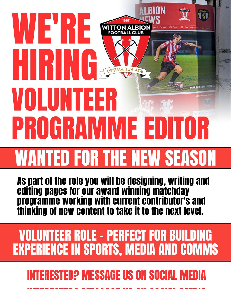 📣 We're Hiring – Volunteer Programme Editor Wanted! 📝

We are on the lookout for a passionate and creative individual to take charge of our matchday programme for the 2025/26 season!

Whether you're an aspiring journalist, a designer, or just love football please get in touch!
