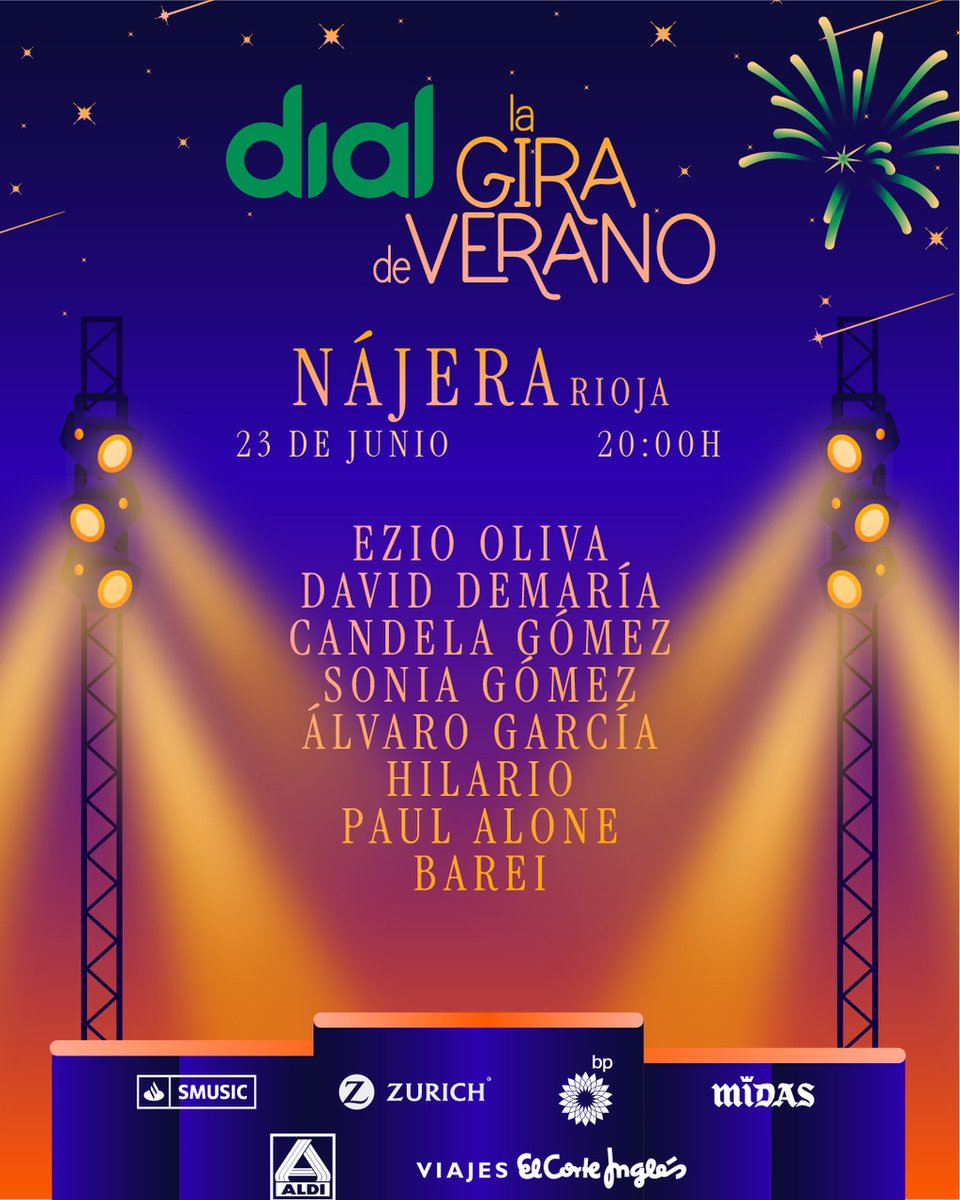 #GiraDeVeranoDial 🌞 23 JUNIO | NÁJERA

⏰ 20:00 HRS
📍Parking de San Julián, calle Duque de Nájera
🎙Con:
Ezio Oliva
@daviddemaria 
<a href="/candelagomex/">Candela Gómez</a>
<a href="/ItsmeSoniaGomez/">Sonia Gómez</a>
Álvaro García
<a href="/hilarioedv/">Hilario</a>
Paul Alone
<a href="/BAREI_MUSIC/">BAREI</a>

Consigue aquí entrada VIP de la gira
🔗cdial.es/ev84t1