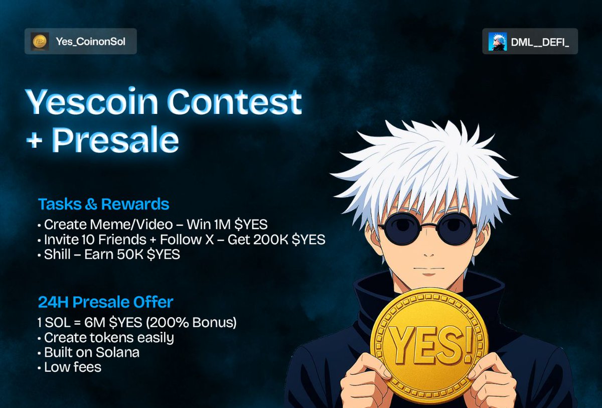 DMLDeFi's tweet photo. 👀 Wait… ,

you still haven’t bought $YESCOIN?

We’re live with:

🎨 Meme/Video contest – Win 1M $YES

👥 Add 10 friends – Get 200K $YES

📢 Shill us – Grab 50K $YES

💰 Presale’s HOT right now!

1 SOL = 6M $YES (🔥 200% Bonus)

Only for 24 hours!

📩 DM to @Yes_CoinonSol to claim

🔗 Send SOL: AqPuWJy5JTRKoctdxjSyu2mM46UfEKRTuQchkQvMakph

Let’s build something wild.

Say YES to the future.

Say $YES.