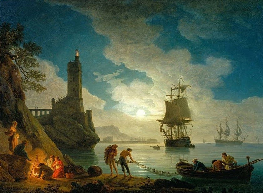 クロード・ジョセフ・ヴェルネ《月夜の入江》1787年、セントルイス美術館