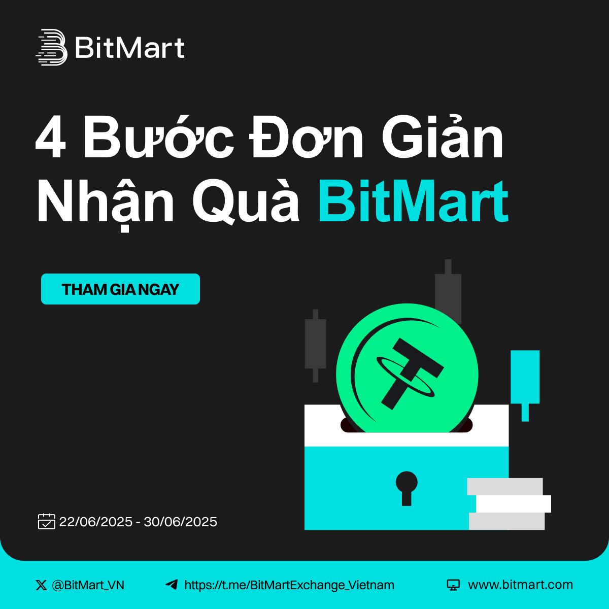 🔝4 BƯỚC ĐƠN GIẢN - NHẬN QUÀ #BITMART🔝

🔥 Tham gia ngay – Hoàn thành 4 bước đơn giản để nhận thưởng!

🗓 19:00, 22/06/2025 - 19:00, 30/06/2025 (giờ VN)

🚀 Cách tham gia:
1. Follow BitMart Việt Nam trên X (Twitter) &amp; Tham gia nhóm Telegram chính thức: