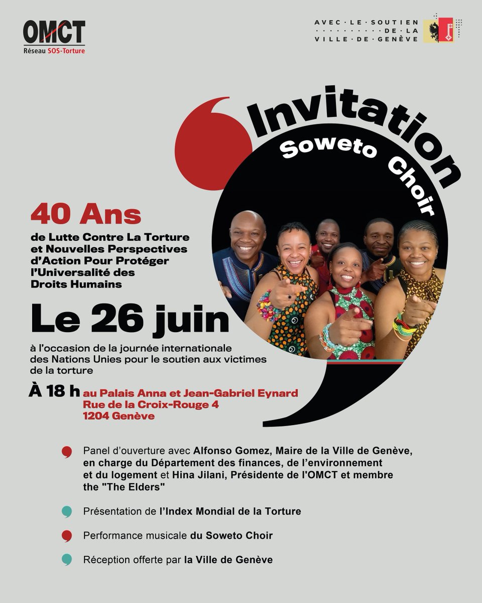🎶 Genève – Invitation spéciale

Le 26 juin, rejoignez-nous au Palais Eynard pour célébrer 40 ans de lutte contre la torture aux côtés de l’OMCT, de partenaires de la société civile, d’institutions et de défenseur·es des droits humains.

🕕 À 18h00 | 26 juin
📍 Rue de la