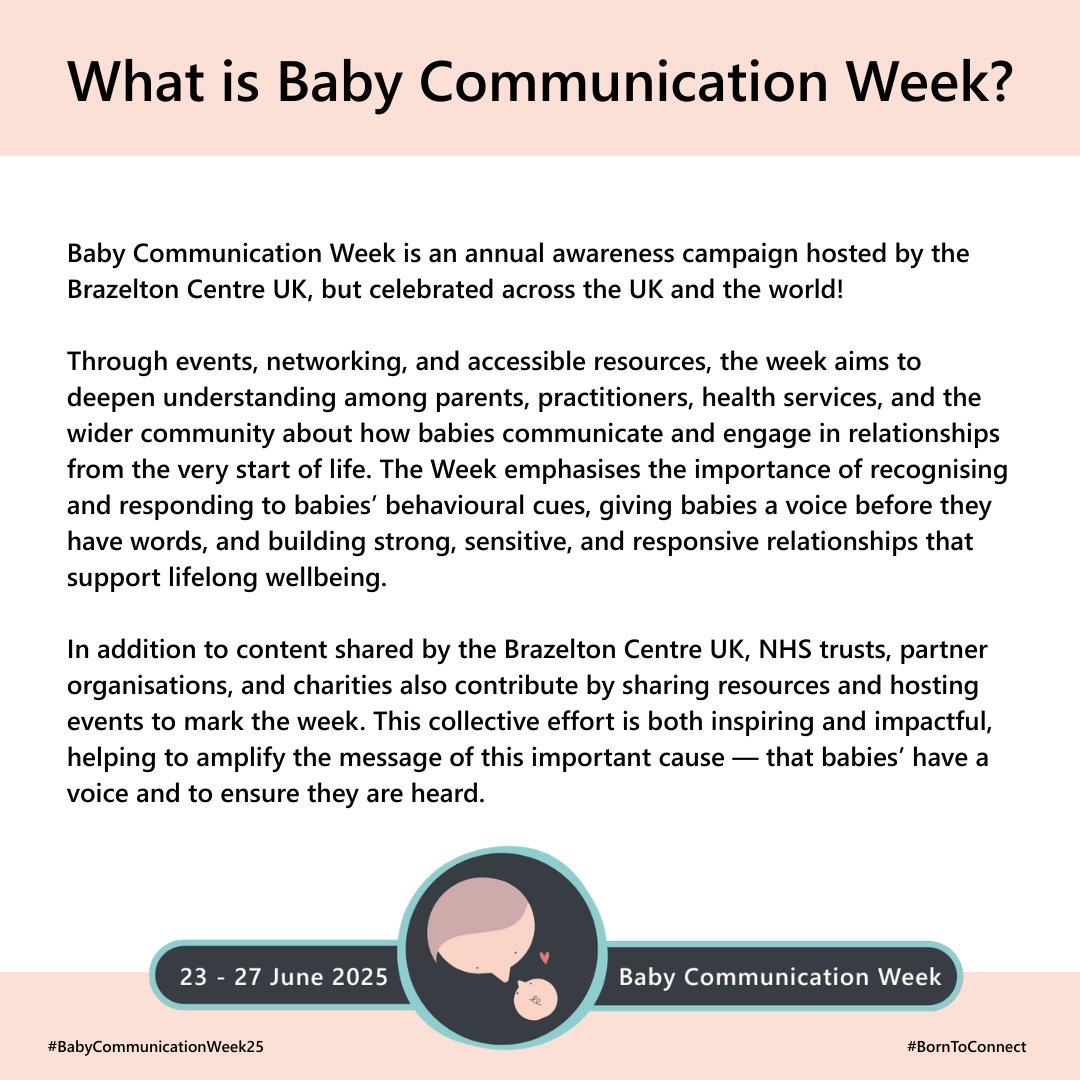 BrazeltonUK's tweet image. 🎉Tomorrow marks the start of the 6th annual #BabyCommunicationWeek!
Here's a round up of what Baby Communication Week is, the big vision, and the background to this year's theme #BornToConnect.
We hope you'll join in this great opportunity to raise awareness of babies voices.