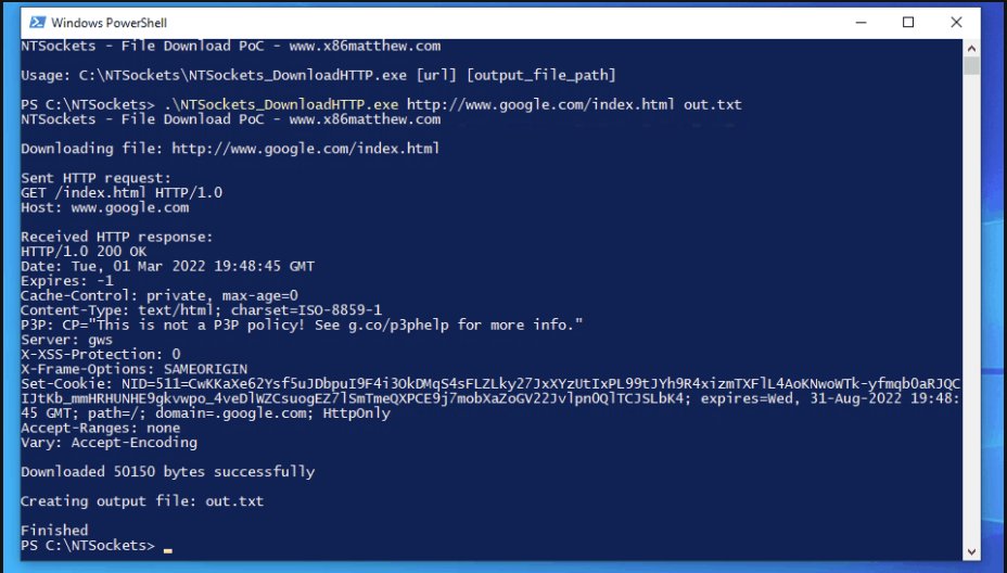 NTSockets - Downloading a file via HTTP using the NtCreateFile and NtDeviceIoControlFile syscalls

x86matthew.com/view_post?id=n…
