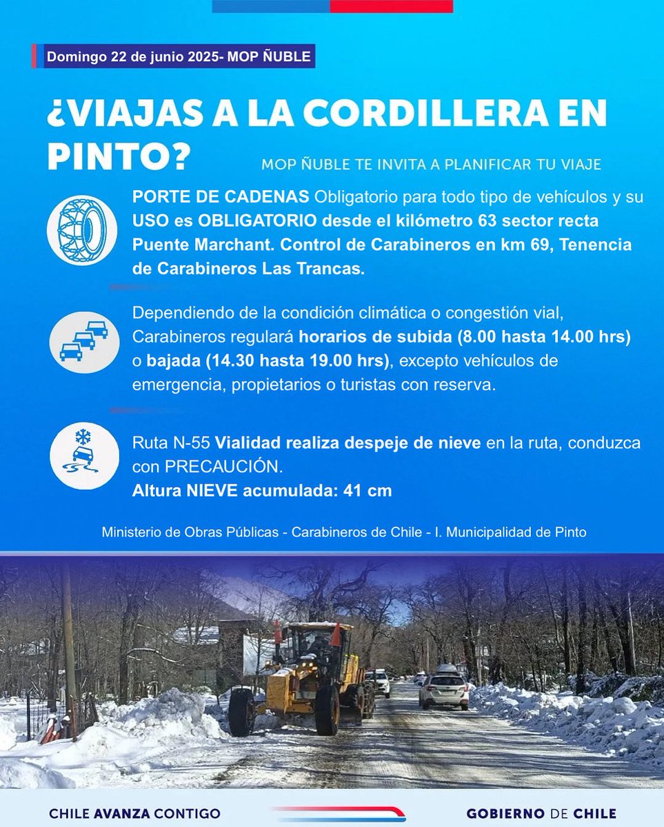 ⛄️ ⚠️ BUEN domingo 🙌 𝗜𝗡𝗙𝗢𝗥𝗠𝗔𝗖𝗜𝗢́𝗡!! 𝗲𝘀𝘁𝗮𝗱𝗼 𝗿𝘂𝘁𝗮 𝗡-𝟱𝟱 desde #Pinto a #Nevados de #Chillán transitable con precaución y porte obligatorio de cadenas. USO OBLIGATORIO desde el km 63 sector recta Puente Marchant.
(Domingo 22 junio 2025)

#Ñuble