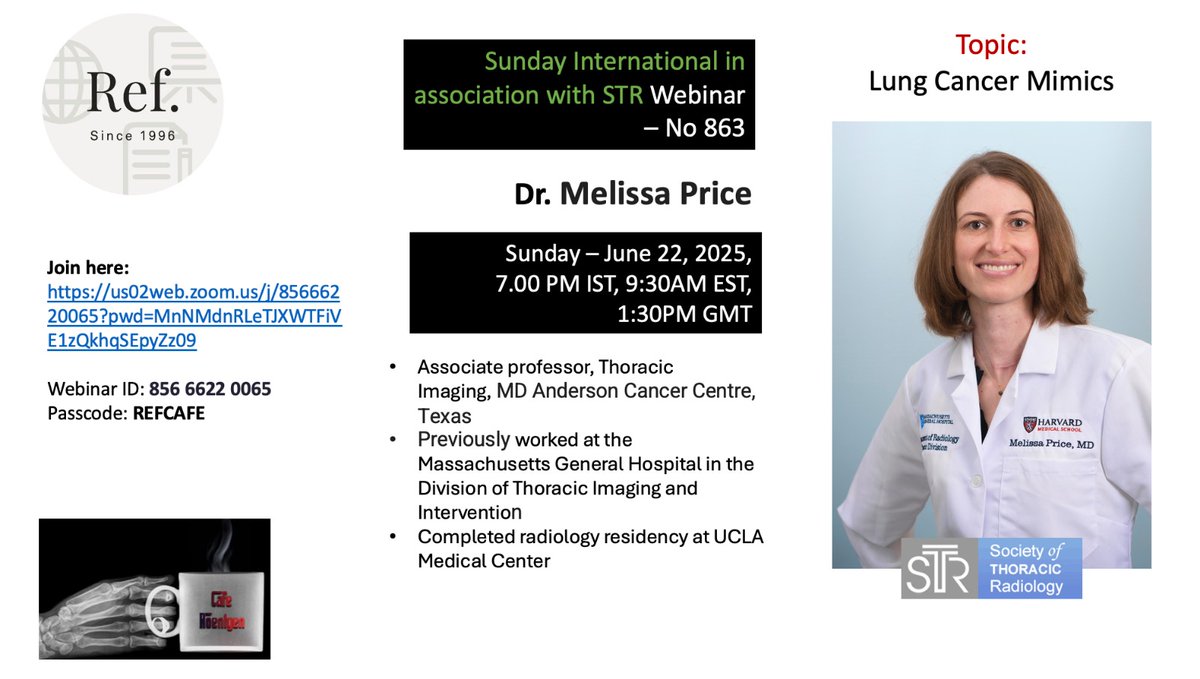 Akshay Baheti (@dr_akshaybaheti) on Twitter photo Melissa Price from <a href="/MDAndersonNews/">MD Anderson Cancer Center</a> speaks on Lung Cancer Mimics as part of our collaborative webinars with <a href="/thoracicrad/">Society of Thoracic Radiology</a>
us02web.zoom.us/j/85666220065?…
<a href="/anmol_dhawan/">Anmol Dhawan</a> <a href="/radiologistpage/">theRadiologist</a> <a href="/RadiologyVibes/">Sandeep Awal | RadiologyVibes.com</a> <a href="/radiologynation/">Radiology Nation</a> @radrounds <a href="/radiologycafe/">Radiology Cafe</a> <a href="/bhavinj/">Bhavin Jankharia</a> <a href="/REF_INDIA/">REFINDIA</a> <a href="/CafeRoentgen/">Cafe Roentgen</a> Melissa Price from <a href="/MDAndersonNews/">MD Anderson Cancer Center</a> speaks on Lung Cancer Mimics as part of our collaborative webinars with <a href="/thoracicrad/">Society of Thoracic Radiology</a>
us02web.zoom.us/j/85666220065?…
<a href="/anmol_dhawan/">Anmol Dhawan</a> <a href="/radiologistpage/">theRadiologist</a> <a href="/RadiologyVibes/">Sandeep Awal | RadiologyVibes.com</a> <a href="/radiologynation/">Radiology Nation</a> @radrounds <a href="/radiologycafe/">Radiology Cafe</a> <a href="/bhavinj/">Bhavin Jankharia</a> <a href="/REF_INDIA/">REFINDIA</a> <a href="/CafeRoentgen/">Cafe Roentgen</a>