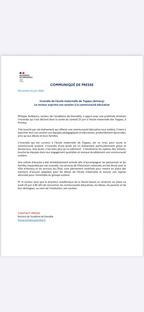 [COMMUNIQUE DE PRESSE] Incendie de l’école maternelle de Teppes à Annecy

Le recteur a appris avec une profonde émotion l’incendie survenu à l’école maternelle de Teppes et exprime son soutien plein et entier aux équipes, élèves et parents.

Retrouvez le communiqué de presse ⤵️