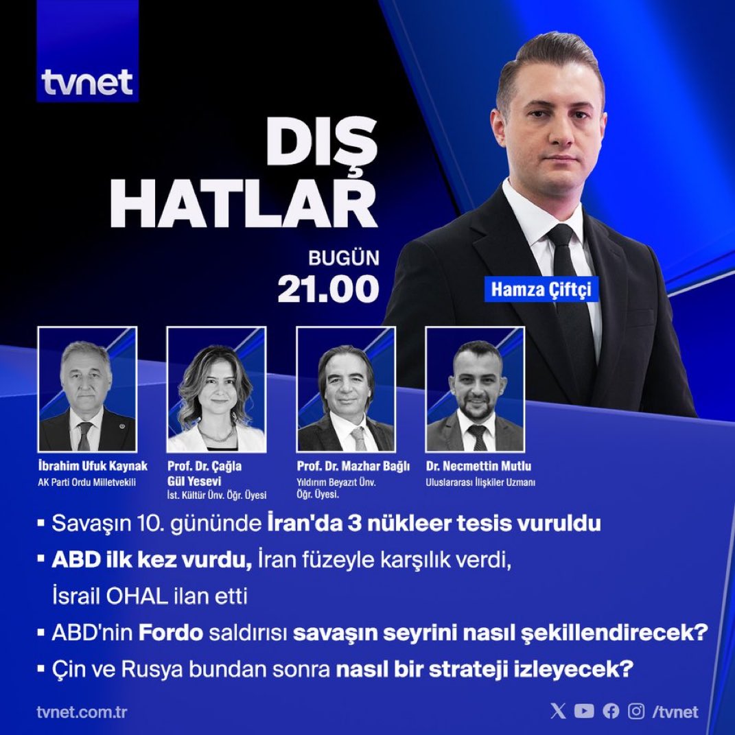 𝐁𝐞𝐤𝐢𝐫 𝐘ı𝐥𝐦𝐚𝐳𝐨𝐠̆𝐥𝐮 (@bekiryilmazoglu) on Twitter photo ◾ Savaşın 10. gününde İran'da 3 nükleer tesis vuruldu
◾ ABD ilk kez vurdu, İran füzeyle karşılık verdi, İsrail OHAL ilan etti
◾ ABD'nin Fordo saldırısı savaşın seyrini nasıl şekillendirecek?
◾ Çin ve Rusya bundan sonra nasıl bir strateji izleyecek?
👉 <a href="/hamzacifttci/">Hamza Çiftçi</a> ◾ Savaşın 10. gününde İran'da 3 nükleer tesis vuruldu
◾ ABD ilk kez vurdu, İran füzeyle karşılık verdi, İsrail OHAL ilan etti
◾ ABD'nin Fordo saldırısı savaşın seyrini nasıl şekillendirecek?
◾ Çin ve Rusya bundan sonra nasıl bir strateji izleyecek?
👉 <a href="/hamzacifttci/">Hamza Çiftçi</a>