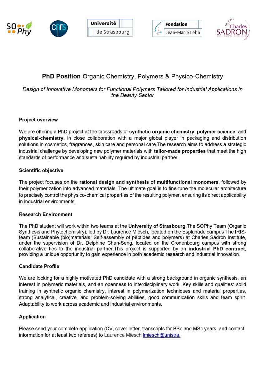 SOPhy Lab (Miesch) (@lab_sophy) on Twitter photo We are offering a PhD position <a href="/lab_sophy/">SOPhy Lab (Miesch)</a> at the crossroads of synthetic organic chemistry, polymer science, and physical-chemistry with a direct industrial application We are offering a PhD position <a href="/lab_sophy/">SOPhy Lab (Miesch)</a> at the crossroads of synthetic organic chemistry, polymer science, and physical-chemistry with a direct industrial application