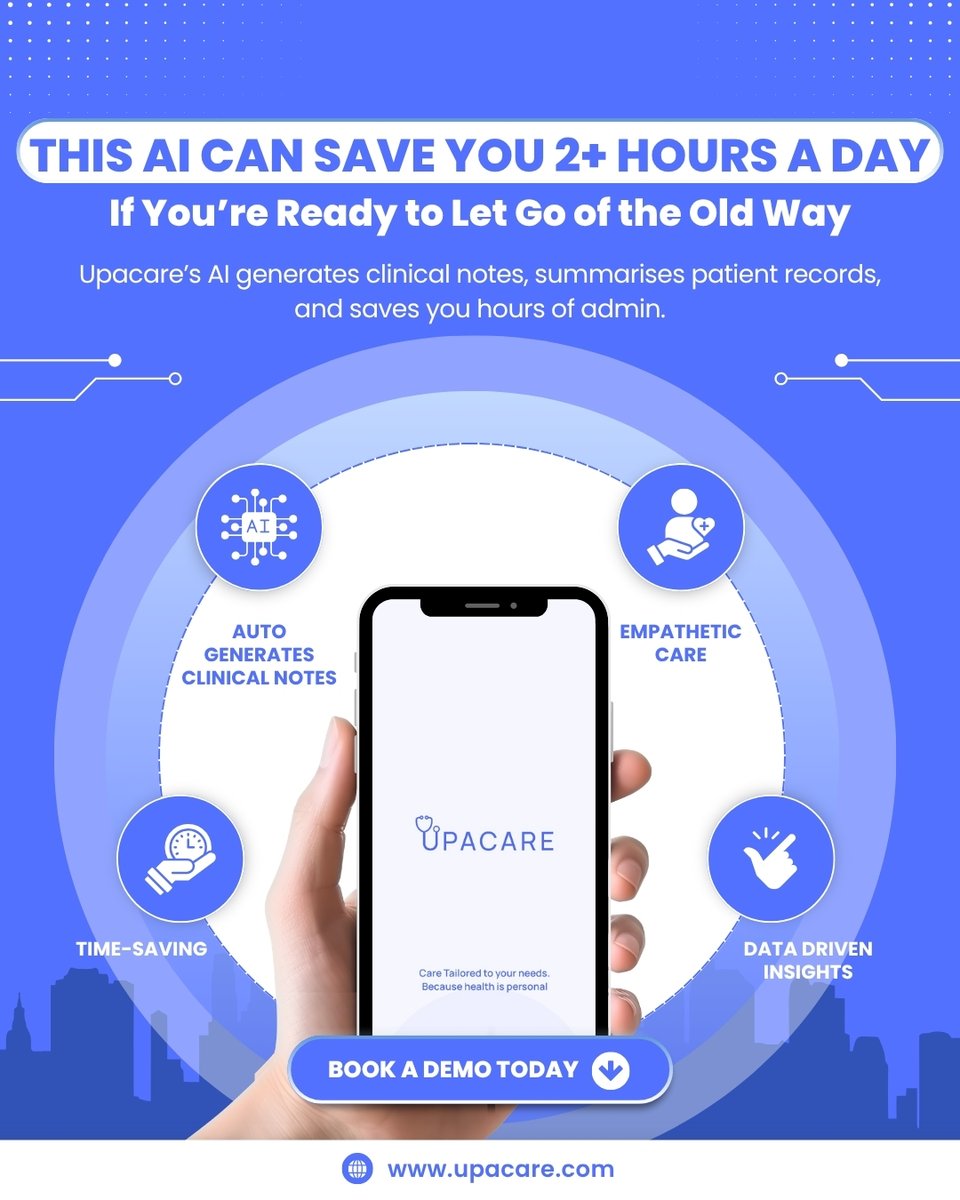 UpaCare's tweet photo. ⏰ Save 2 hours a day with Upacare’s AI!

Upacare automates your clinical notes, summarises records, and helps you make data-driven decisions in seconds. 💡

🚀 Ready to work smarter? Book a demo now at https://t.co/TomPs4ibXw

#AIinHealthcare #MedTech #DigitalHealth #SmartCare https://t.co/kENF14Ivya