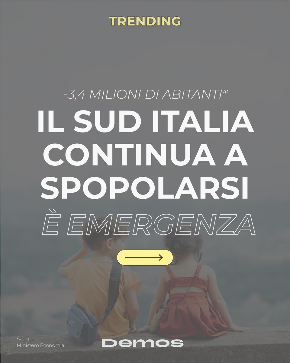 DemosItalia's tweet photo. Trending 🟡

Il Ministro dell'Economia #Giorgetti ha lanciato l'allarme "la contrazione demografica è un'emergenza nazionale: il Sud Italia perderà oltre 3 milioni di abitanti nel breve periodo".

Nel 2026 l'Italia avrà 2 milioni di abitanti in meno rispetto al 2015. https://t.co/BAU4WYSaWa