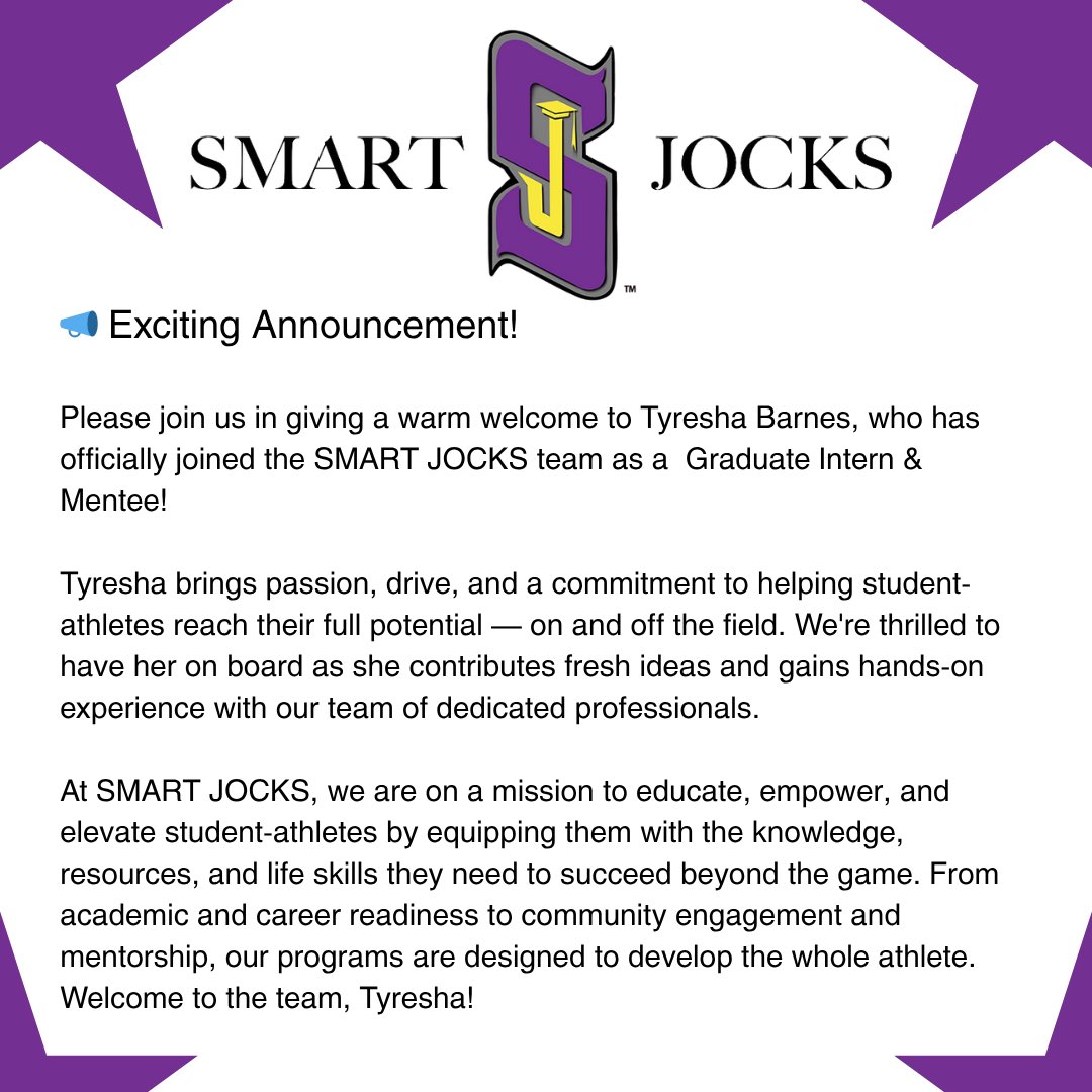 Welcome, Tyresha Barnes, to the Summer Session of her SMART JOCKS Intern/Mentee Program. We’re excited to have you on board and look forward to a season of growth, learning, and impactful experiences together!