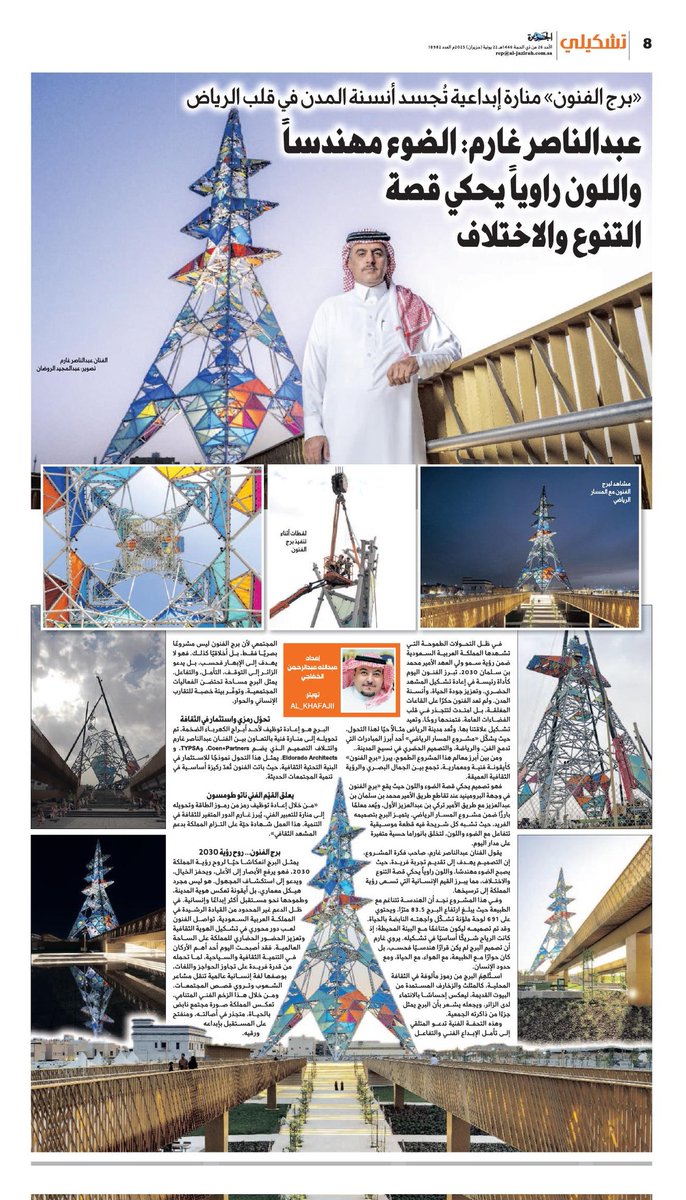 al_khafajii's tweet image. #تشكيلي صفحتي الأسبوعية في صحيفة الجزيرة @al_jazirah عدد 22 يونيو 2025م
«برج الفنون» منارة إبداعية تُجسد أنسنة المدن في قلب الرياض
عبدالناصر غارم: الضوء مهندساً واللون راوياً يحكي قصة التنوع والاختلاف.
إعداد: عبدالله الخفاجي
تصوير : عبدالمجيد الروضان
رابط القراءة :…