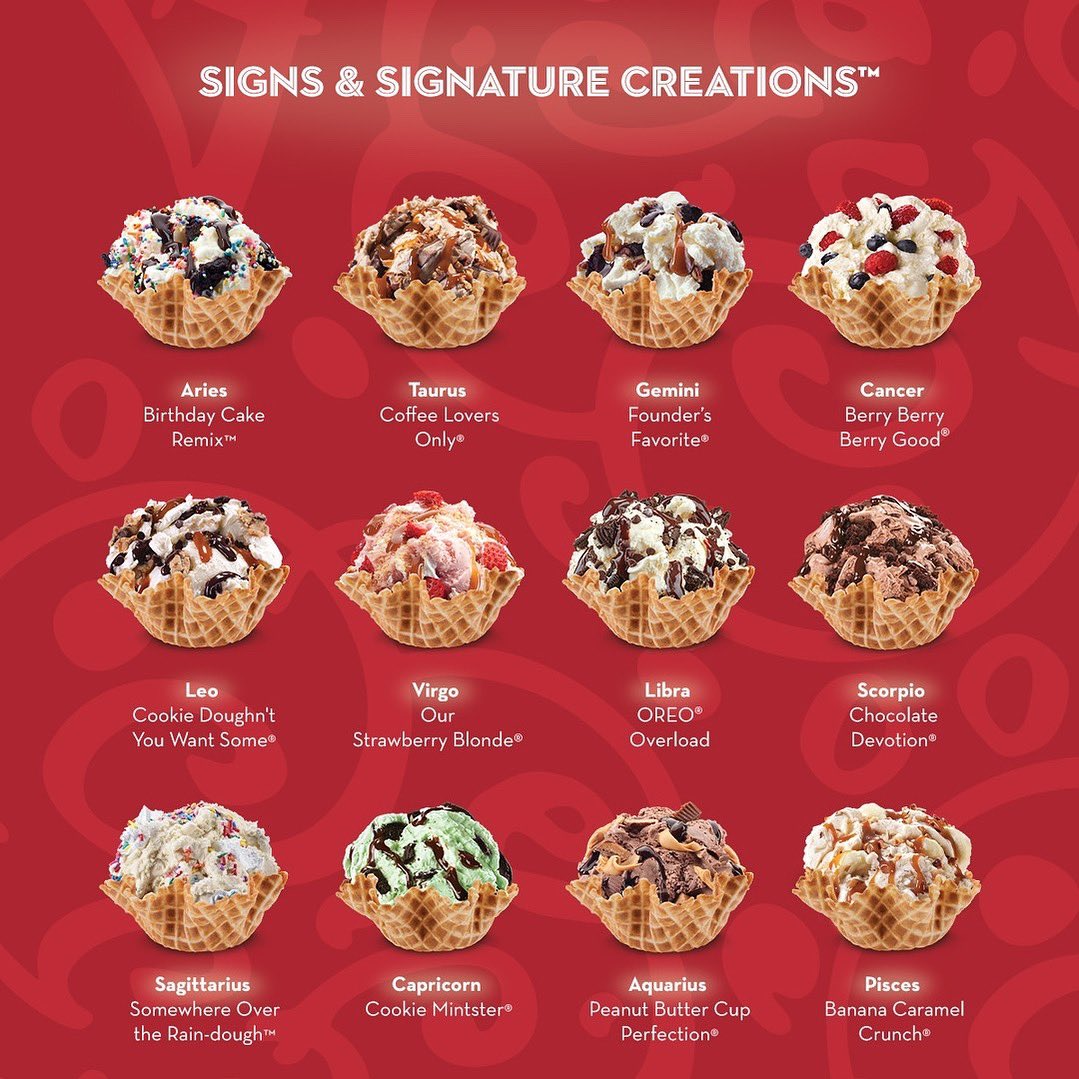 coldstoneng's tweet photo. There’s a Signature Creation™ for every zodiac sign! ✨

Tag that one friend who needs to know theirs! 🍦

#ColdStoneCreations #zodiactreats #iceacreamlovers https://t.co/rHIcRBw5GD