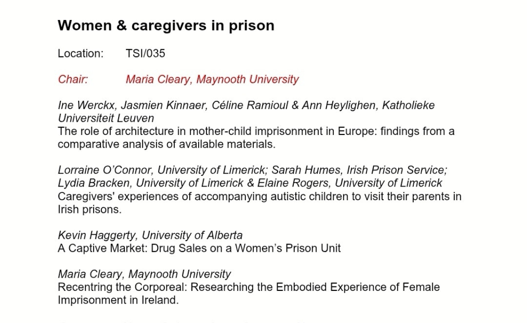 Looking forward to chairing &amp; presenting on the panel 'Women &amp; caregivers in prison' on Tuesday at the North South Criminology Conference hosted by <a href="/MaynoothLaw/">MU School of Law & Criminology</a>

My presentation will discuss the importance of recentring the imprisoned female body in our analyses

#MaynoothCrimCon