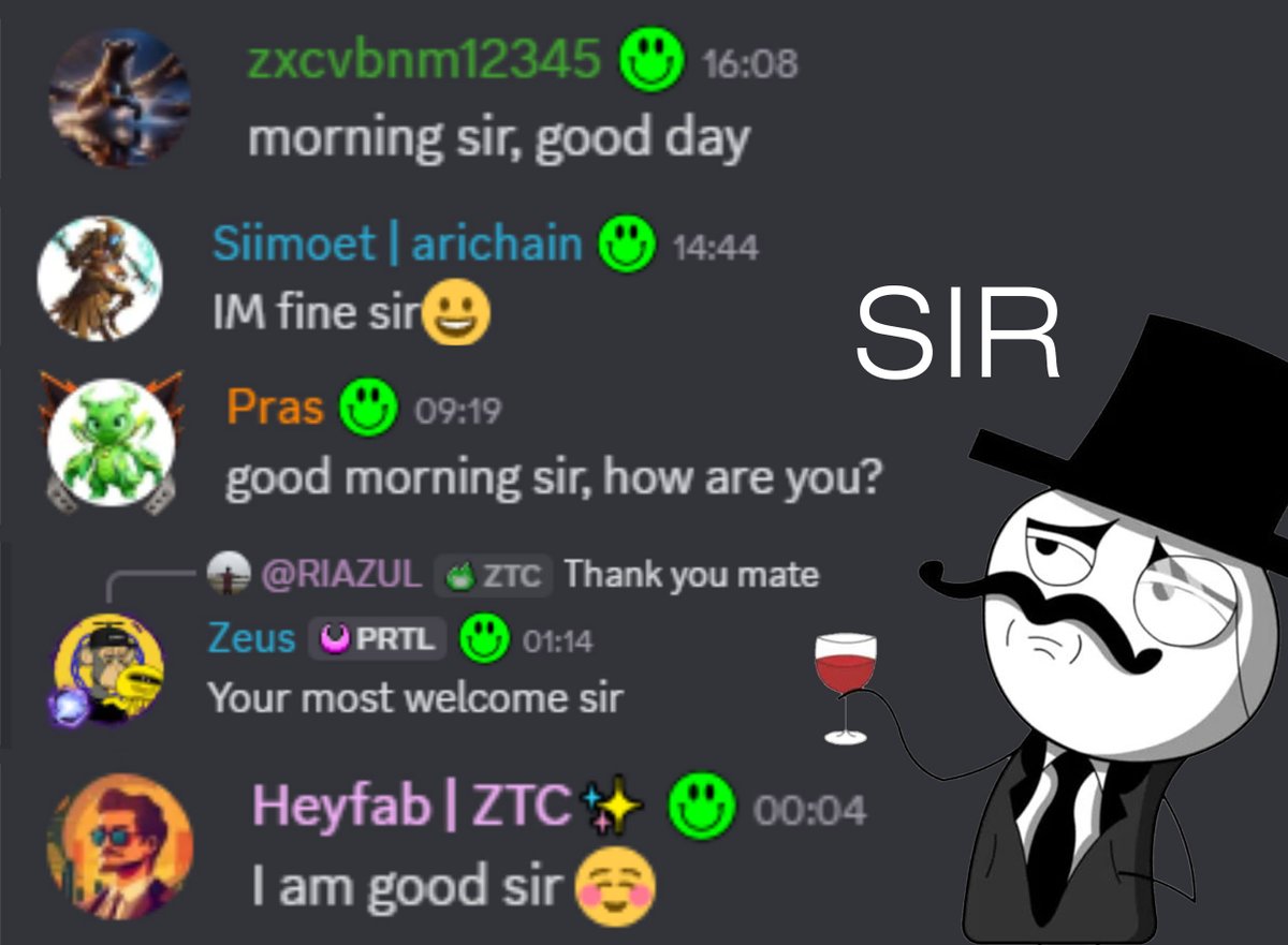 Vyacheslav37098's tweet photo. What I remember from my early days in the Zenchain Discord was everyone in the general channel calling each other 'sir'. I found it funny and started doing it too — but got tired of it fast 🧐
#ZenchainFlashback #zenchain @zen_chain @ZenChainFam https://t.co/PddkrVewbJ