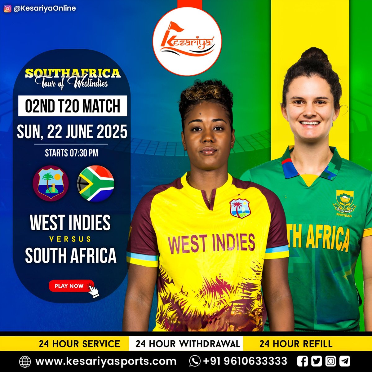 kesariyasports's tweet photo. 🚩 𝐊𝐄𝐒𝐀𝐑𝐈𝐘𝐀 🚩

🎮 𝐖𝐢𝐧𝐝𝐢𝐞𝐬 𝐖 - 𝐀𝐟𝐫𝐢𝐜𝐚 𝐖 🎮

The stakes are sky-high as South Africa Women take on West Indies Women in the 2nd T20I today at 7:30 PM IST!

💖 𝐆𝐞𝐭 𝐁𝐞𝐬𝐭 𝐎𝐝𝐝𝐬 𝐀𝐧𝐝 𝐅𝐚𝐧𝐜𝐲 𝐍𝐨𝐰

🪩 https://t.co/XpBxKo0pGU

#WIWvsSAW #WomenT20 https://t.co/MAQ8vQVdM2