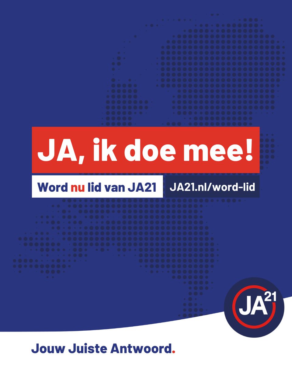 Doe mee met JA21! Word nu lid voor:

🔸 Een daadkrachtige koers met echte oplossingen voor jouw land.
🔸 Mensen met verstand van zaken die het wél waarmaken.
🔸 Een ledenpartij waar jouw stem telt.

👉 Word lid en ontvang het originele JA t-shirt!