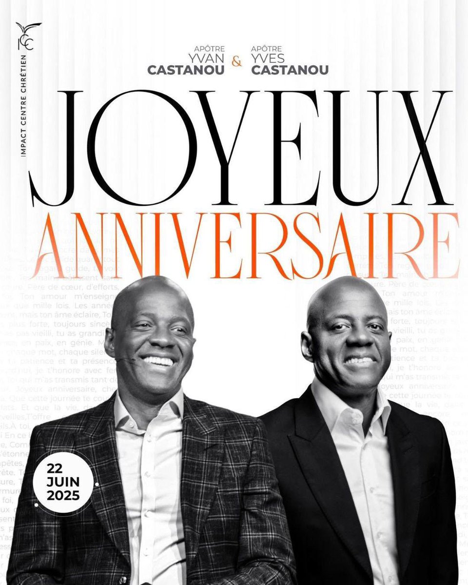 🎉 JOYEUX &amp; GLORIEUX ANNIVERSAIRE à nos pères spirituels, les apôtres Yvan &amp; Yves Castanou 💛

Aujourd’hui, nous célébrons deux vies données à Dieu, deux colonnes, deux sources d’inspiration pour toute une génération 🔥

Merci d’exister ! Nous vous aimons profondément. ❤️