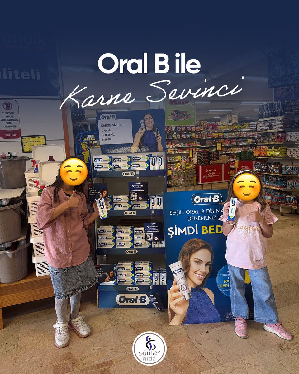 sumergidaas's tweet photo. Karneni getir, hediyeni kap! 🎉
Küçük misafirlerimize karne hediyesi olarak Oral-B diş macunu hediye ettik. Tatilin keyfini sağlıklı gülüşlerle çıkarın! 🦷✨
#KarneHediyesi #OralB #SağlıklıGülüşler #SümerGıda https://t.co/PV0HVvJNAc