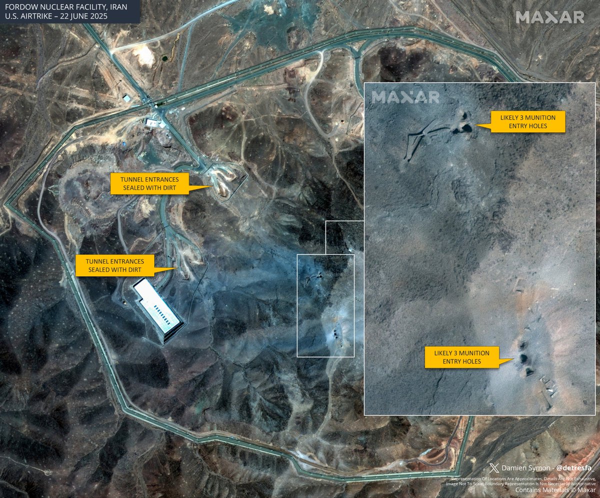 Fresh set of images via Maxar show at least 6 munition entry holes/craters on the top of a ridge right above the underground complex at Fordow as a result of the U.S. airstrikes