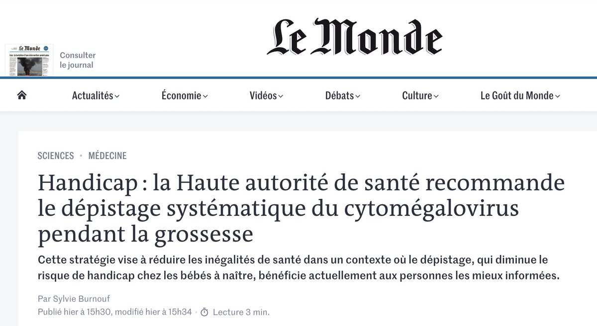 AJOG Editor in the News: France has just adopted a policy of universal screening for CMV during pregnancy. Le Monde announced this decision earlier this week where Dr. Yves Ville, AJOG Associate Editor, served as a key intellectual leader in advancing this policy in France.