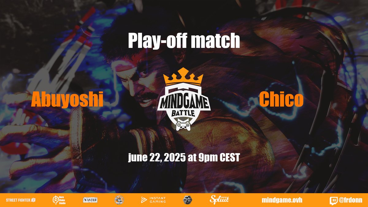 ⚡️Play-off FT10 match Mind Game Battle for the qualification tonight⚡️

🗓️june 22
🕘 9pm CEST

<a href="/Abuyoshi_tk/">Abuyoshi</a> 🇷🇺 🆚 🇪🇬<a href="/ChicoFGC_/">Chico</a> 

Rank: mindgame.ovh

<a href="/Nimelya/">Nimelya</a> on 🎙️

live twitch.tv/frdonn