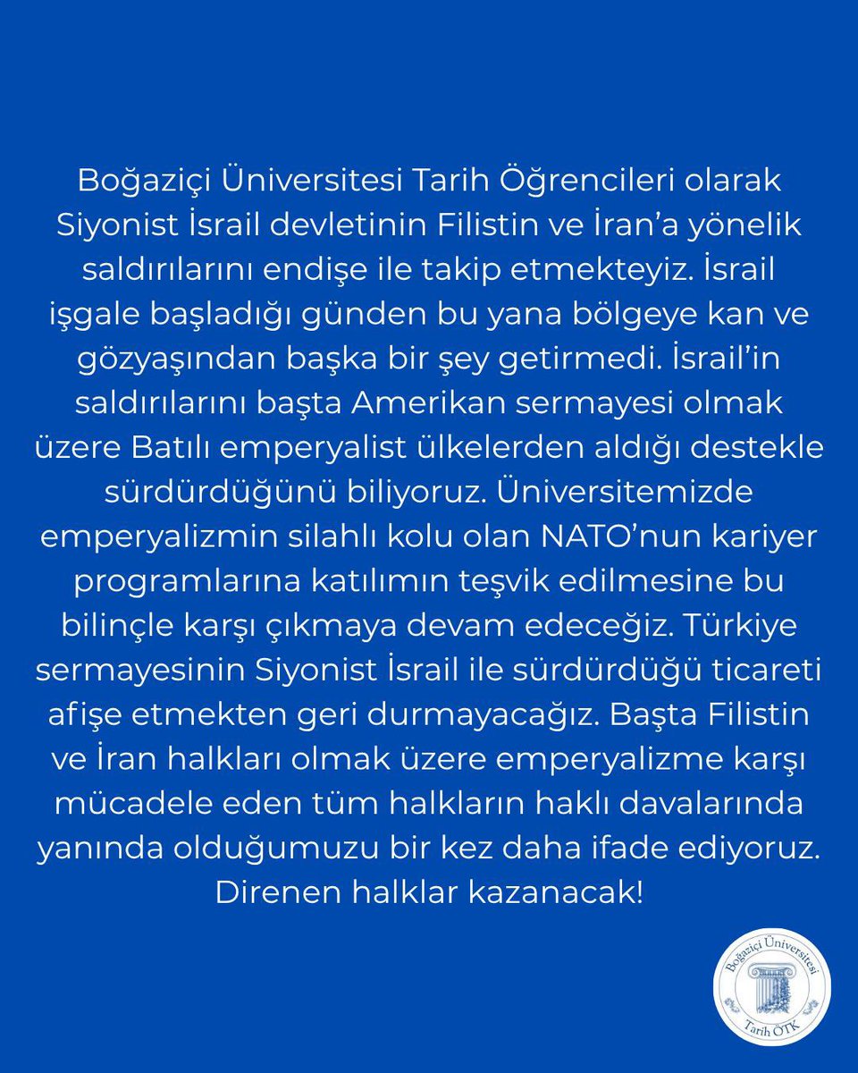 bounhist's tweet image. Boğaziçi Üniversitesi Tarih Öğrencileri olarak Orta Doğu’daki son gelişmelere dair açıklamamızdır.