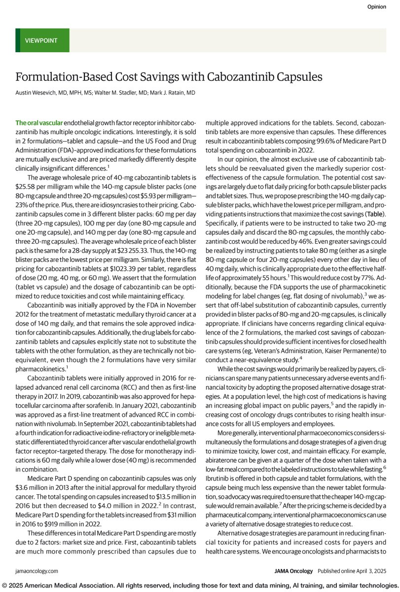 Viewpoint: Cabozantinib capsules are more cost-effective than tablets for treating various cancers, and adopting capsule-based dosing strategies could reduce costs while maintaining efficacy. ja.ma/4l4zJ0o