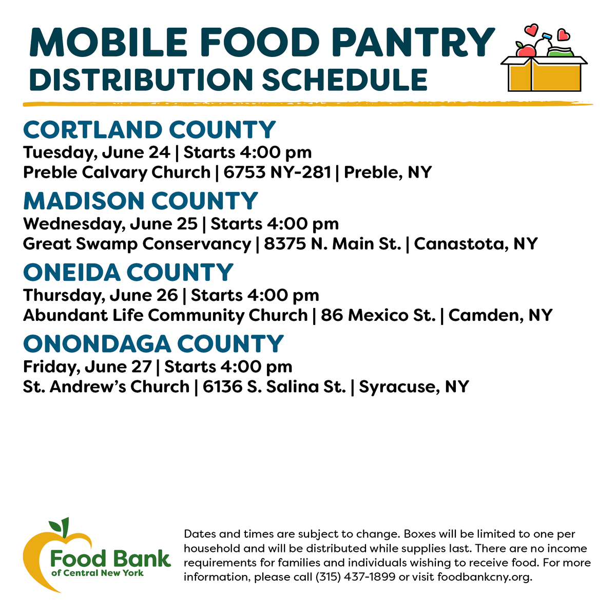 FoodBankofCNY's tweet photo. Here is this week's no-cost distribution schedule:

🚚 Mobile Food Pantry: #Preble, #Canastota, #Camden &amp; #Syracuse.

🍏 Partner Distributions: #Dolgeville, #Bridgeport, #Syracuse, #Vernon &amp; #SouthJefferson / #Adams.

Food Finder tool: https://t.co/vZGHeanRyO https://t.co/LpO9JlBjWJ