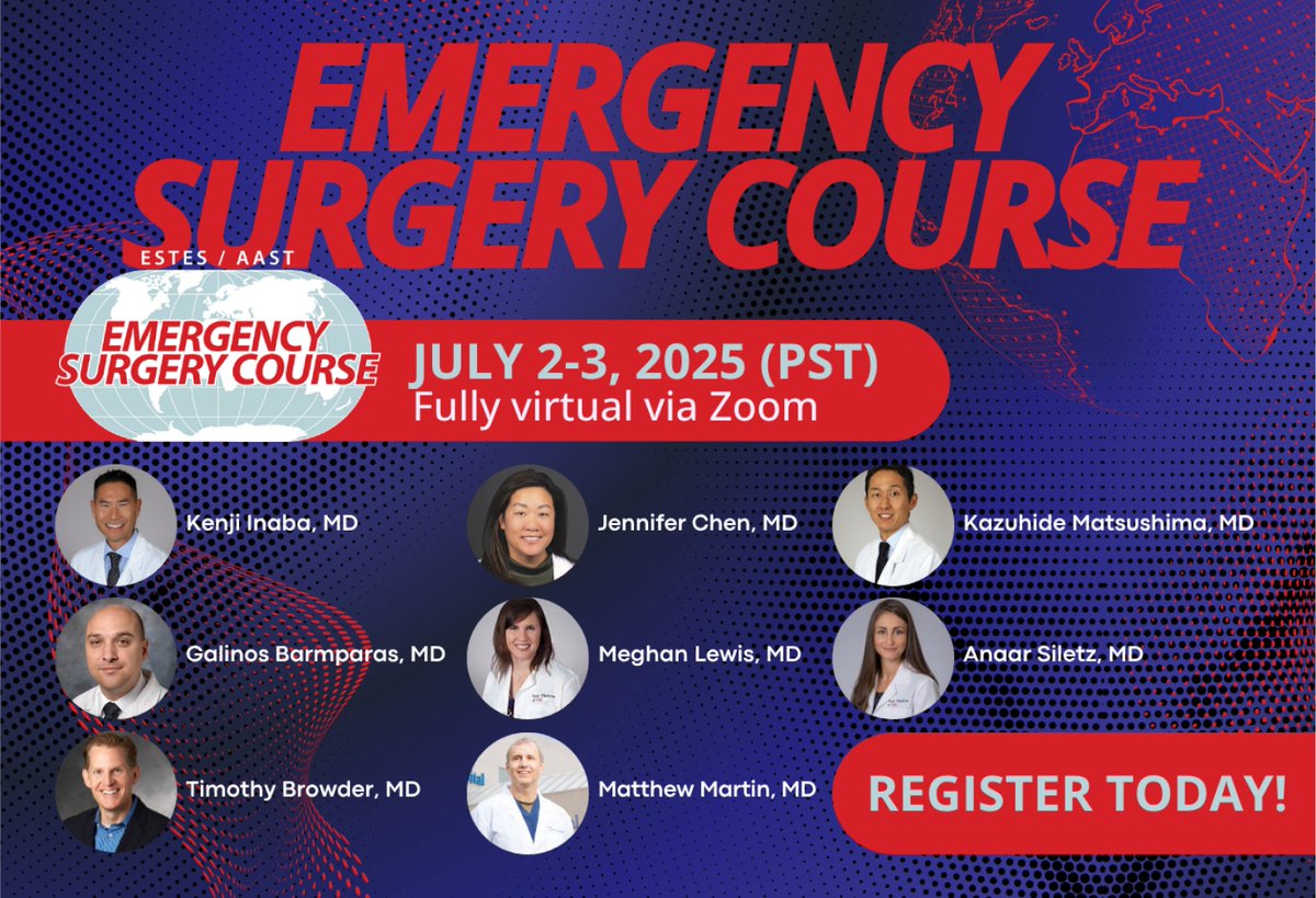 AAST (@traumadoctors) on Twitter photo Time is running out to secure your spot in the July 2–3 Emergency Surgery Course🚨 
Learn the latest clinical updates and practical skills—delivered virtually by renowned faculty.
#EmergencySurgery #SurgicalTraining
aast.org/education/acti… Time is running out to secure your spot in the July 2–3 Emergency Surgery Course🚨 
Learn the latest clinical updates and practical skills—delivered virtually by renowned faculty.
#EmergencySurgery #SurgicalTraining
aast.org/education/acti…