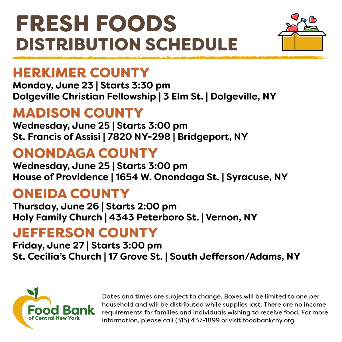 FoodBankofCNY's tweet photo. Here is this week's no-cost distribution schedule:

🚚 Mobile Food Pantry: #Preble, #Canastota, #Camden &amp; #Syracuse.

🍏 Partner Distributions: #Dolgeville, #Bridgeport, #Syracuse, #Vernon &amp; #SouthJefferson / #Adams.

Food Finder tool: https://t.co/vZGHeanRyO https://t.co/LpO9JlBjWJ