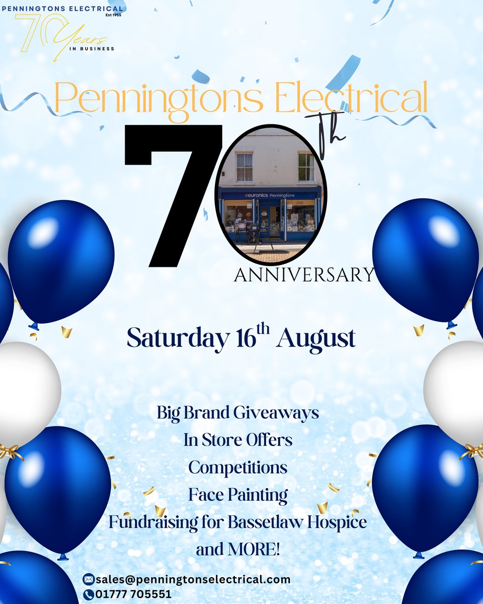 70 years ago, Penningtons Electrical in Retford opened its doors – and they’ve been proudly serving the community ever since! 🎉

📅 This year, they are celebrating 70 amazing years in business! Join them for a fun-filled day of celebrations on Saturday 16th August!