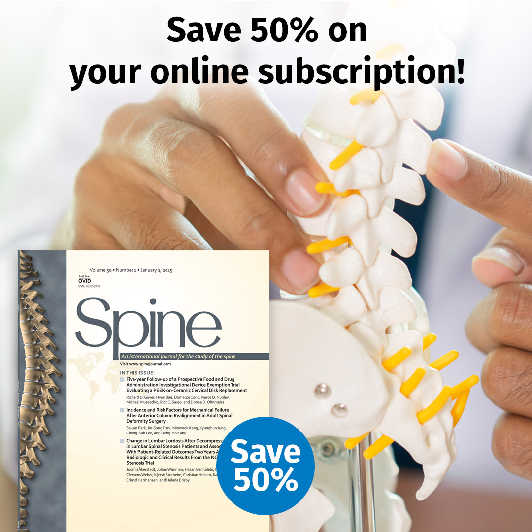 Lippincott Medicine (@lippincottmed) on Twitter photo Time is running out! Save 50% on an online-only subscription to Spine (<a href="/SpinePhilaPA76/">Spine</a>).  Don’t miss this exclusive, limited-time offer. Stay informed, stay ahead. Offer ends 6/30. Act now! ow.ly/h09j50We844
#Spine #MedicalResearch #MedicalJournals Time is running out! Save 50% on an online-only subscription to Spine (<a href="/SpinePhilaPA76/">Spine</a>).  Don’t miss this exclusive, limited-time offer. Stay informed, stay ahead. Offer ends 6/30. Act now! ow.ly/h09j50We844
#Spine #MedicalResearch #MedicalJournals