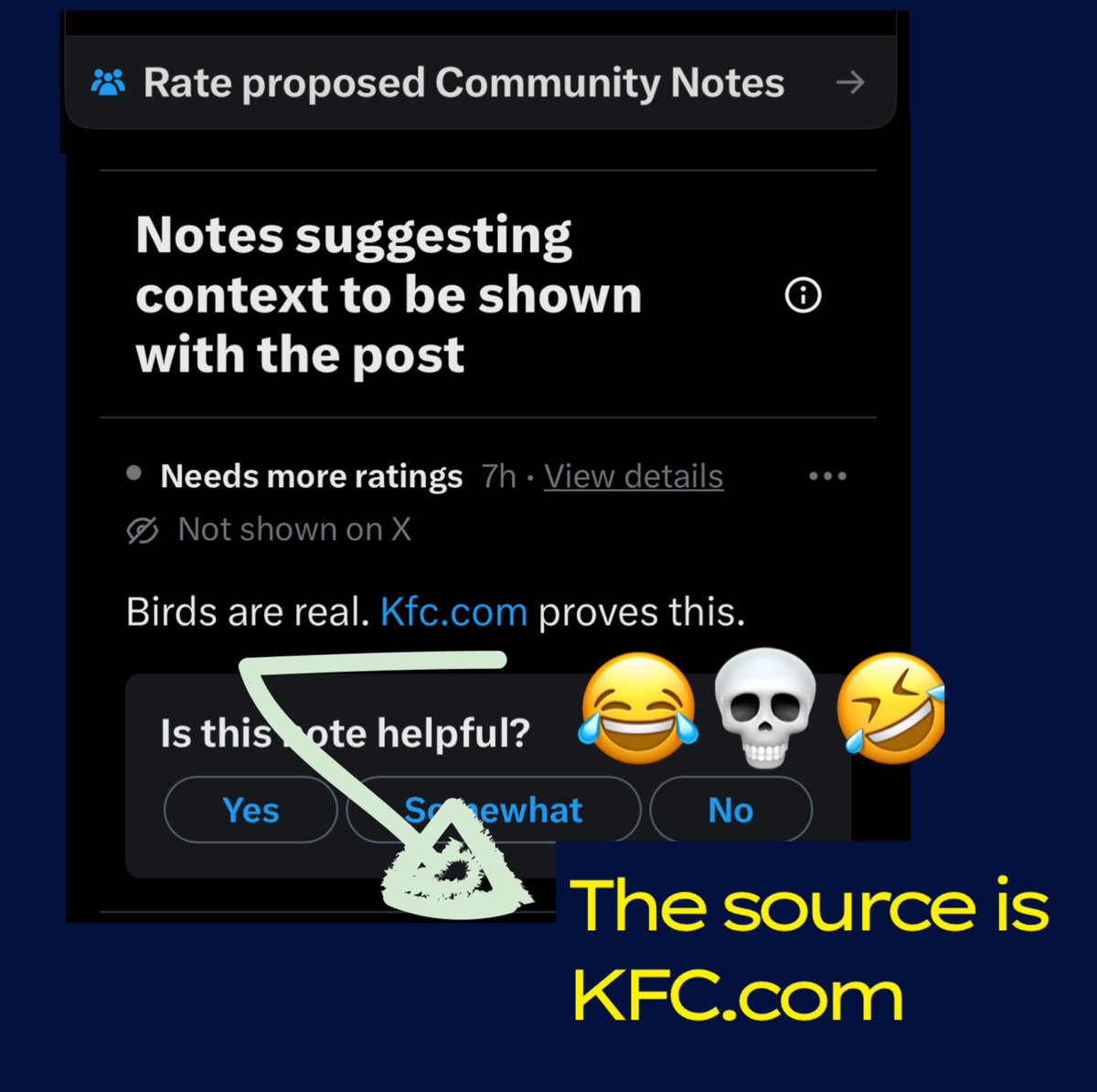 musings_blonde's tweet photo. 🚨BREAKING: I just got my first Community Note on 𝕏.
The source? I’m ROTFL 🤣📎🍗🐔
Birds are real, y’all.
The Colonel said so.
#CommunityNotes #BirdTruth #KFC https://t.co/Nit4pfNT32