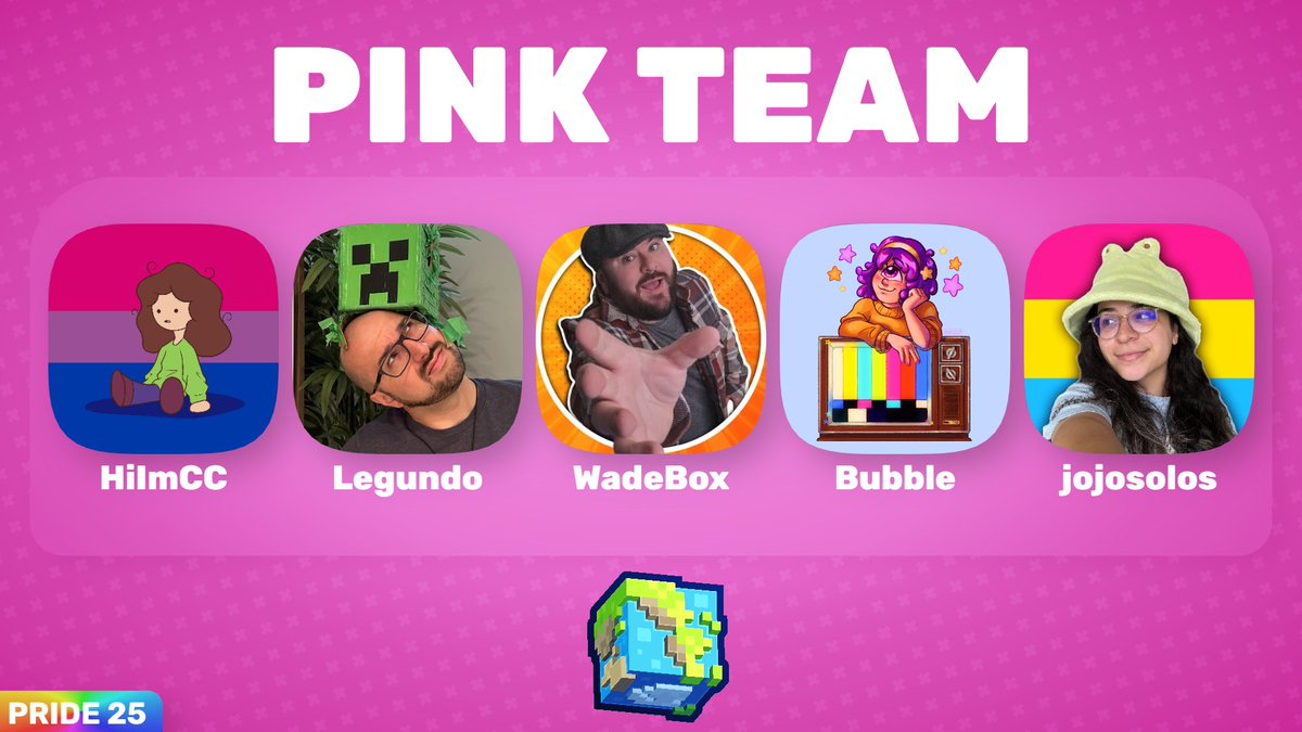 BiomeBattle's tweet image. 🍓 Introducing: Pink Team

@DrawnbyCC @Legundo @WadeBox @Bubblebrooke_  @jojosolos 

Watch them compete in BiomeBattle Pride 25
June 29th at 7:00pm BST // 2:00pm ET
