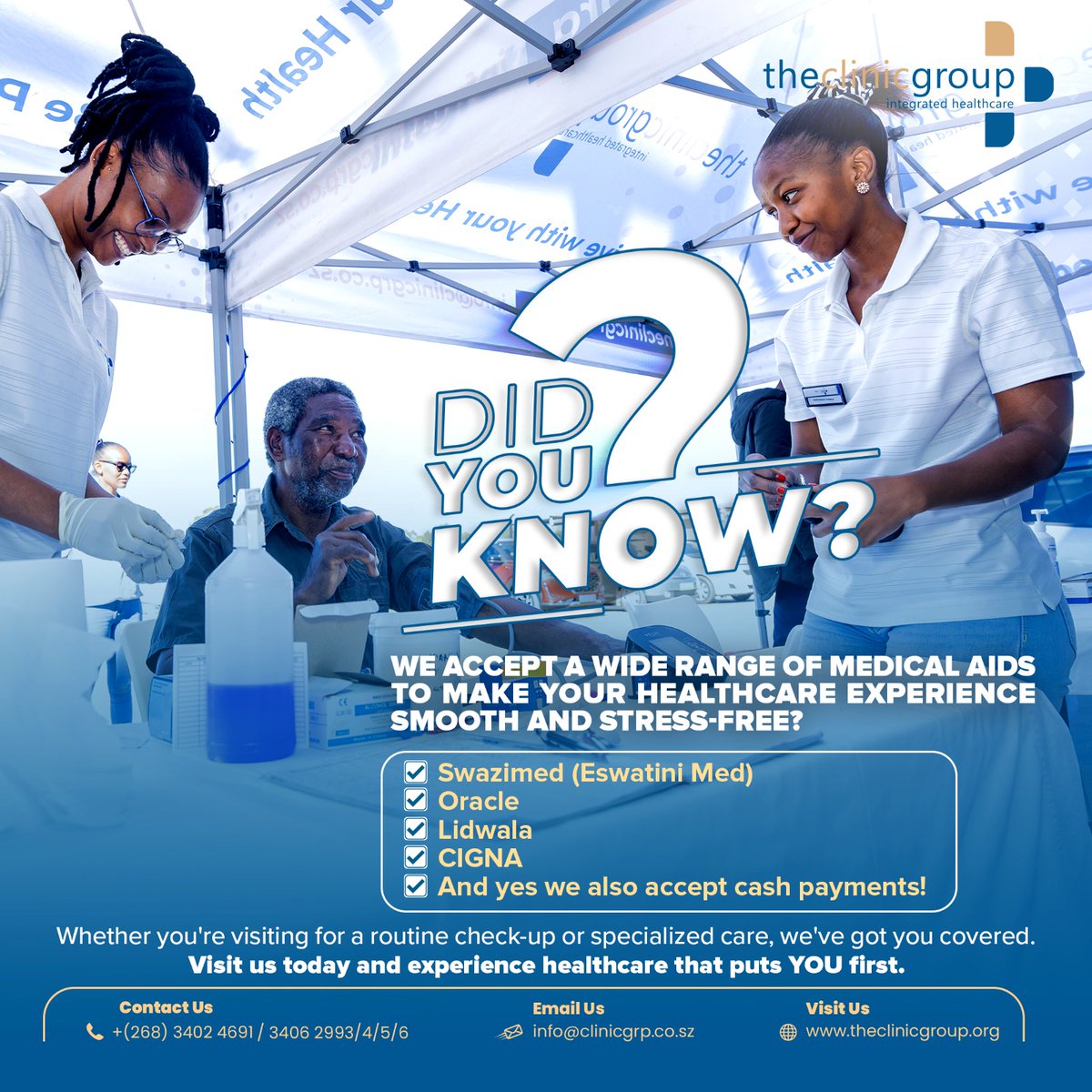 clinicgroup_'s tweet photo. Enjoy the service you deserve no matter your medical aid. 💙
We make it easy for you to get the care you need, without the stress. Walk in, feel welcome, and leave cared for. That’s convenience, done right.
#HassleFreeHealthcare #AllMedicalAidsWelcome #TheClinicGroup https://t.co/ZZ7HBBMsCN