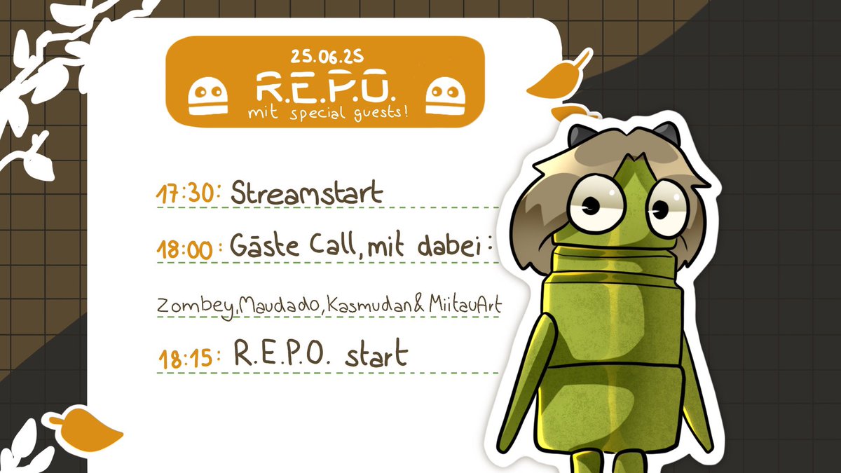 Am Mittwoch gibt es einen sehr nicen Stream gemeinsam mit <a href="/maudado/">Maudado✨</a> , <a href="/Zombey/">Zombey 🎩</a> , <a href="/KasmudanEpic/">Kasmudan</a> und <a href="/MiitauArt/">MiitauArt</a> ! Es wird Repo gespielt und geängstigt xD