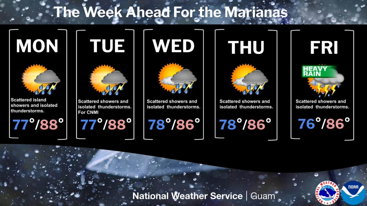 NWSGuam's tweet image. A pattern change is expected this week for the Marianas starting with some island showers and thunderstorms on Monday. Towards the middle of the week, the chance of showers will increase, with heavy rain possible on Friday. #GUwx