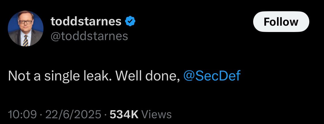 Imagine congratulating the SecDef on not leaking classified information on Signal. 

The bar is so low with this government. 

😂😂