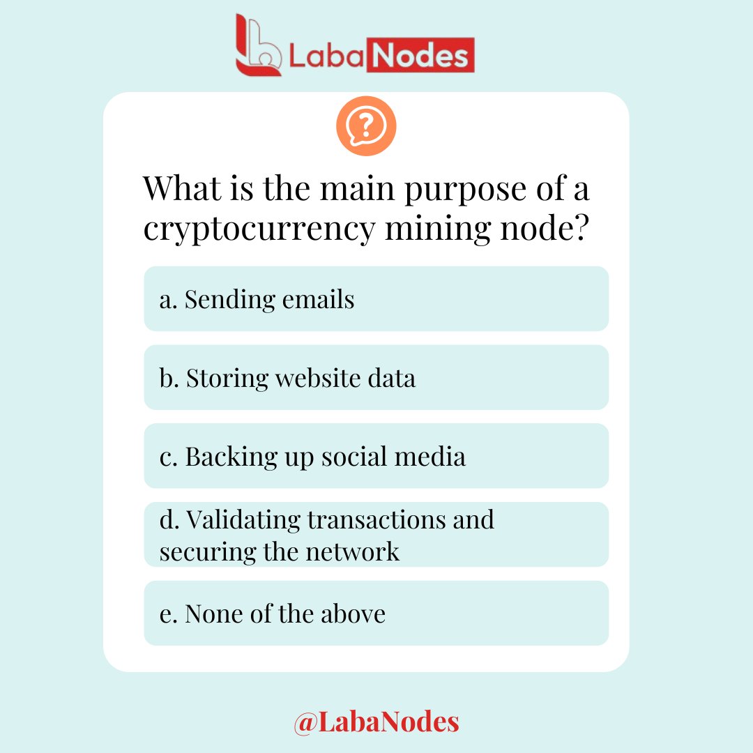 Labanodes's tweet photo. π Crypto Knowledge Check!
What is the main purpose of a cryptocurrency mining node?
Stay informed. Stay decentralized. π»β‘
#LabaNodes #CryptoMining #BlockchainSecurity #DecentralizedNetwork #CryptoEducation #Web3 #CryptoNodes #MiningPower #ValidateAndSecure #CryptoQuiz https://t.co/uD6A7XfgDI