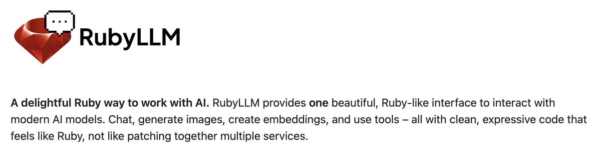 Right then RubyLLM. 

Let's get into it. 

Thank you <a href="/paolino/">Carmine Paolino</a> 🙏

github.com/crmne/ruby_llm

#RubyOnRails #buildinpublic