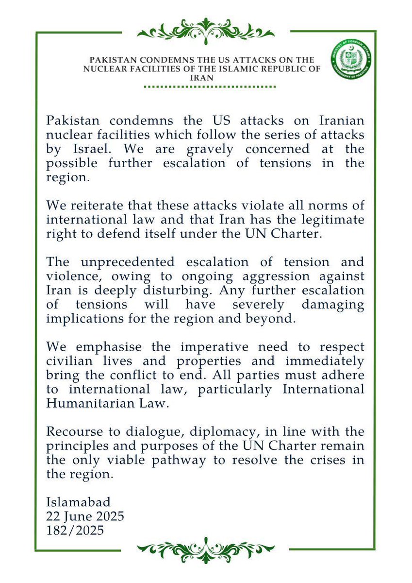 Pakistan condemns the US attack on Iran and calls for de escalation