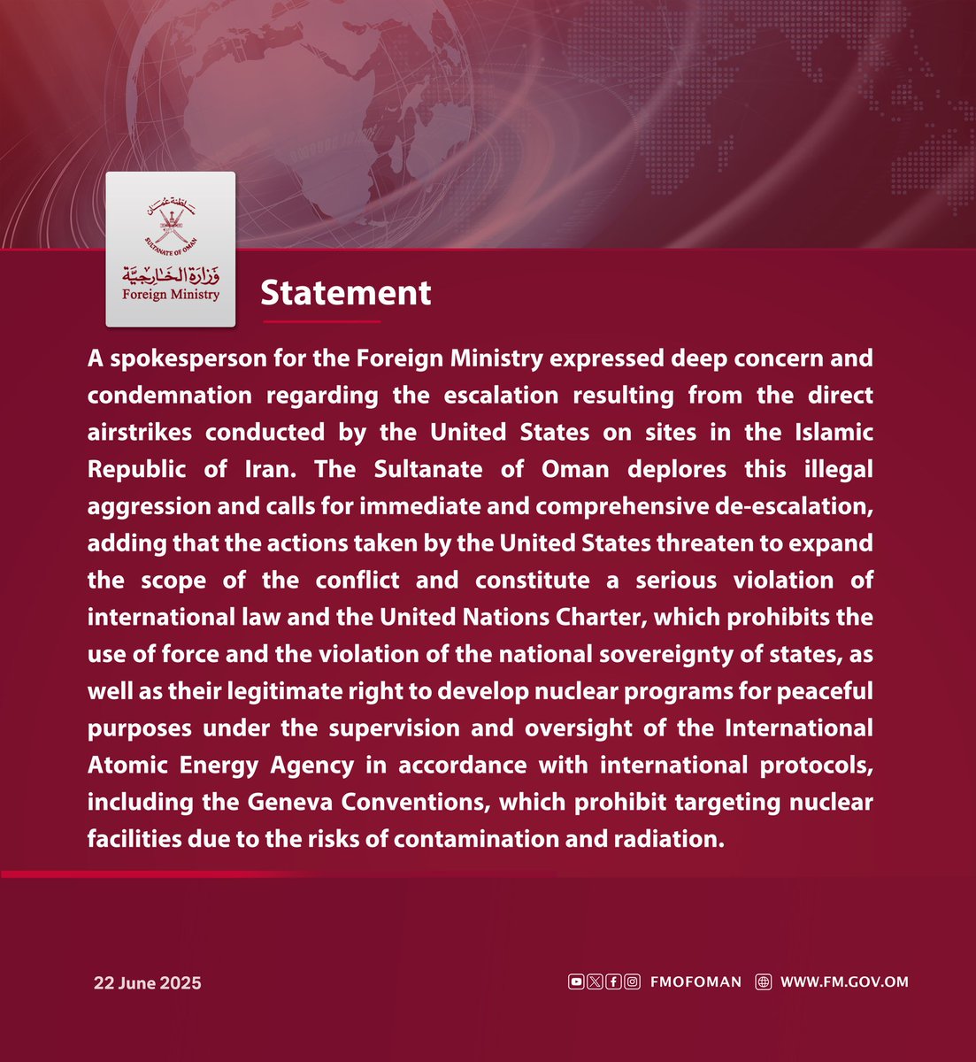 A spokesperson for the Foreign Ministry expressed deep concern and condemnation regarding the escalation resulting from the direct airstrikes conducted by the United States on sites in the Islamic Republic of Iran.