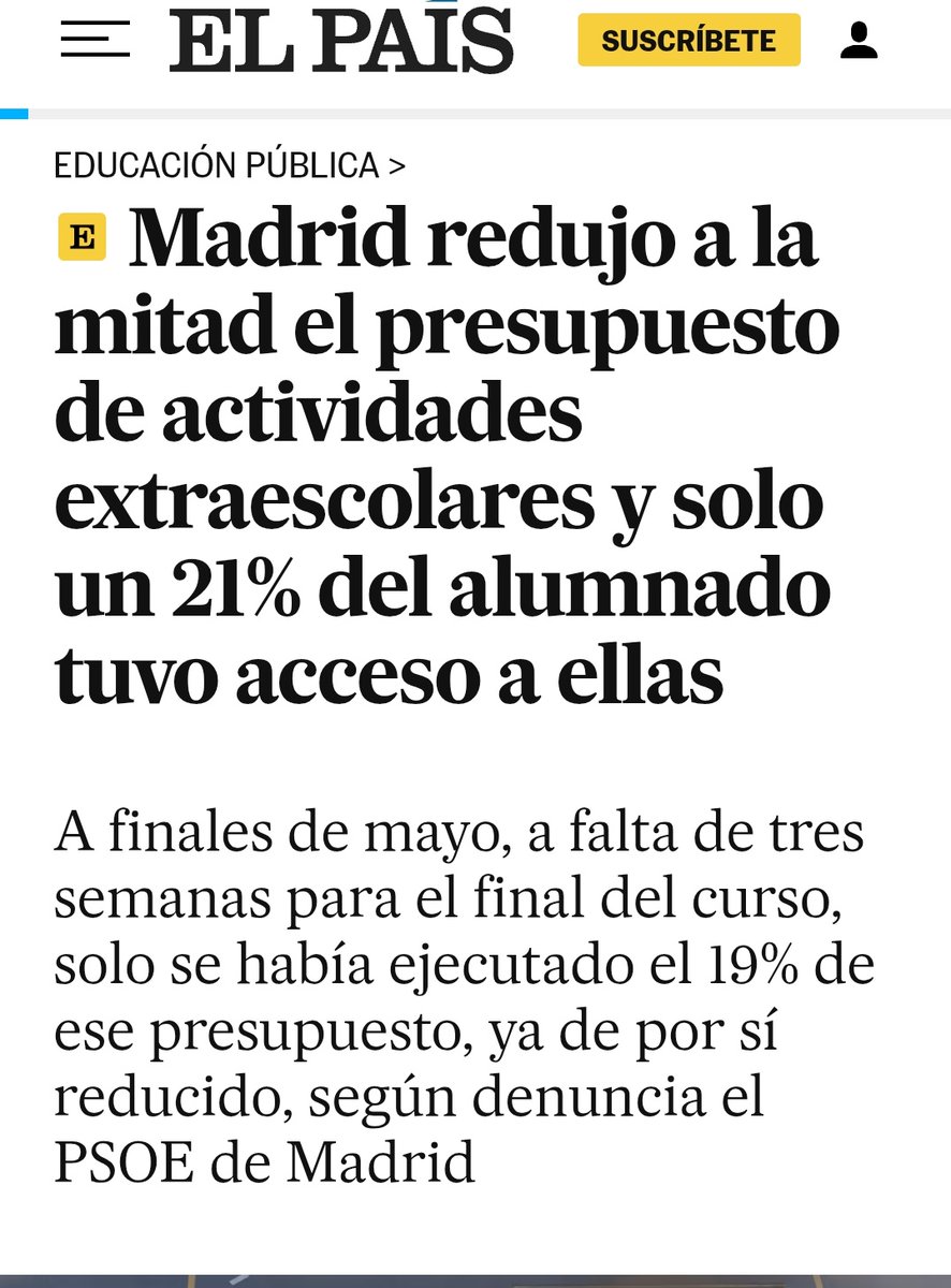 Madrid redujo a la MITAD su presupuesto de actividades extraescolares.  
Ayuso recorta. Y las familias afrontan la odisea de conciliar en verano. 
Muchas mujeres renunciarán a su trabajo. Que ser madre no sea un acto de valentía. Medidas YA.
#ayuso7291 
elpais.com/espana/madrid/…
