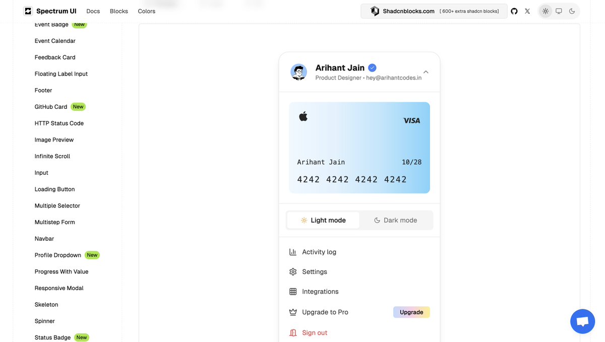 #每日推荐 shadcn/ui的完美伴侣，包含了 250+ 个免费和开源的动画组件和效果，直接10x你的产品构建速度！

写得好好的组件，Copy即可～
ui.spectrumhq.in