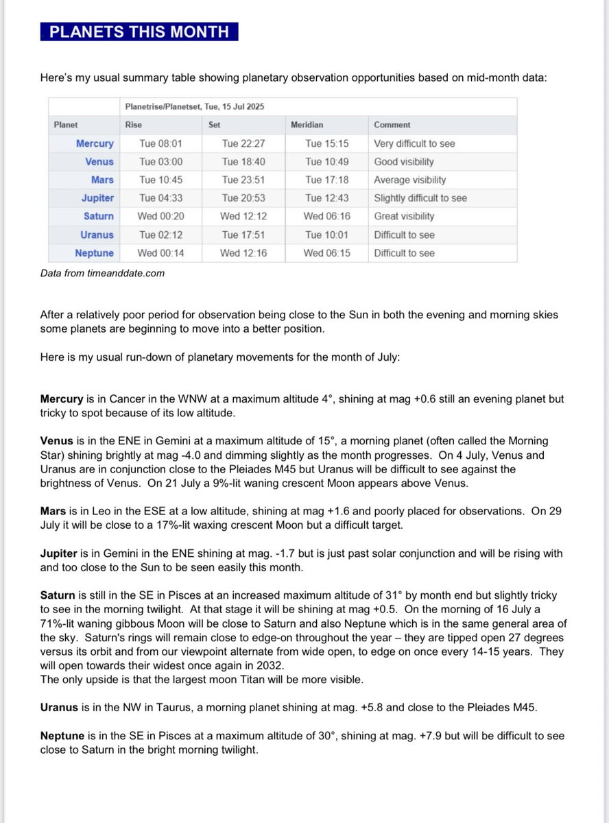 Here is the Sky Guide (Part1) for July 2025 produced by Society Treasurer Doug Bickley.
Packed with information of events to look out for.
Note all timings are based on the Wolverhampton Area 
wolvas.org.uk