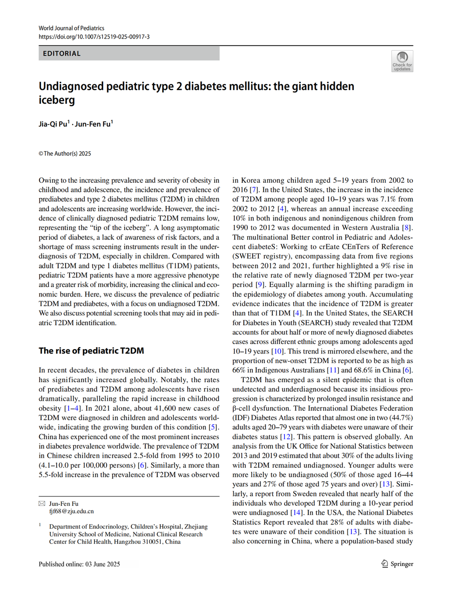 World_J_Pediatr's tweet image. Undiagnosed pediatric type 2 diabetes mellitus is rising rapidly and poses a severe, hidden public health crisis needing urgent early screening.
#Meded #SoMe4PedSurg #Pediatrics #PublicHealth #Type2Diabetes #EarlyDetection #Endocrinology
link.springer.com/article/10.100…