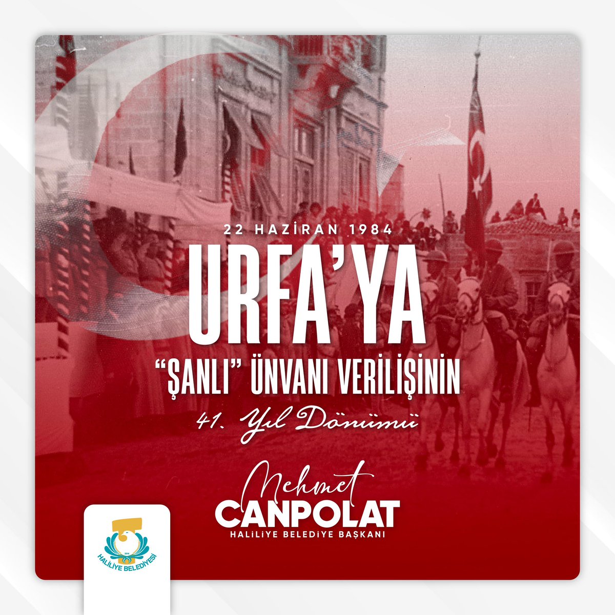 Atalarımızın destansı direnişi ve kahramanlık dolu mücadelesinin ardından Şanlı unvanı alan Urfa’mızın 41’inci yılını kutluyorum.

Bu toprakları bizlere vatan kılan tüm şehitlerimizi rahmet ve minnetle yad ediyorum.
